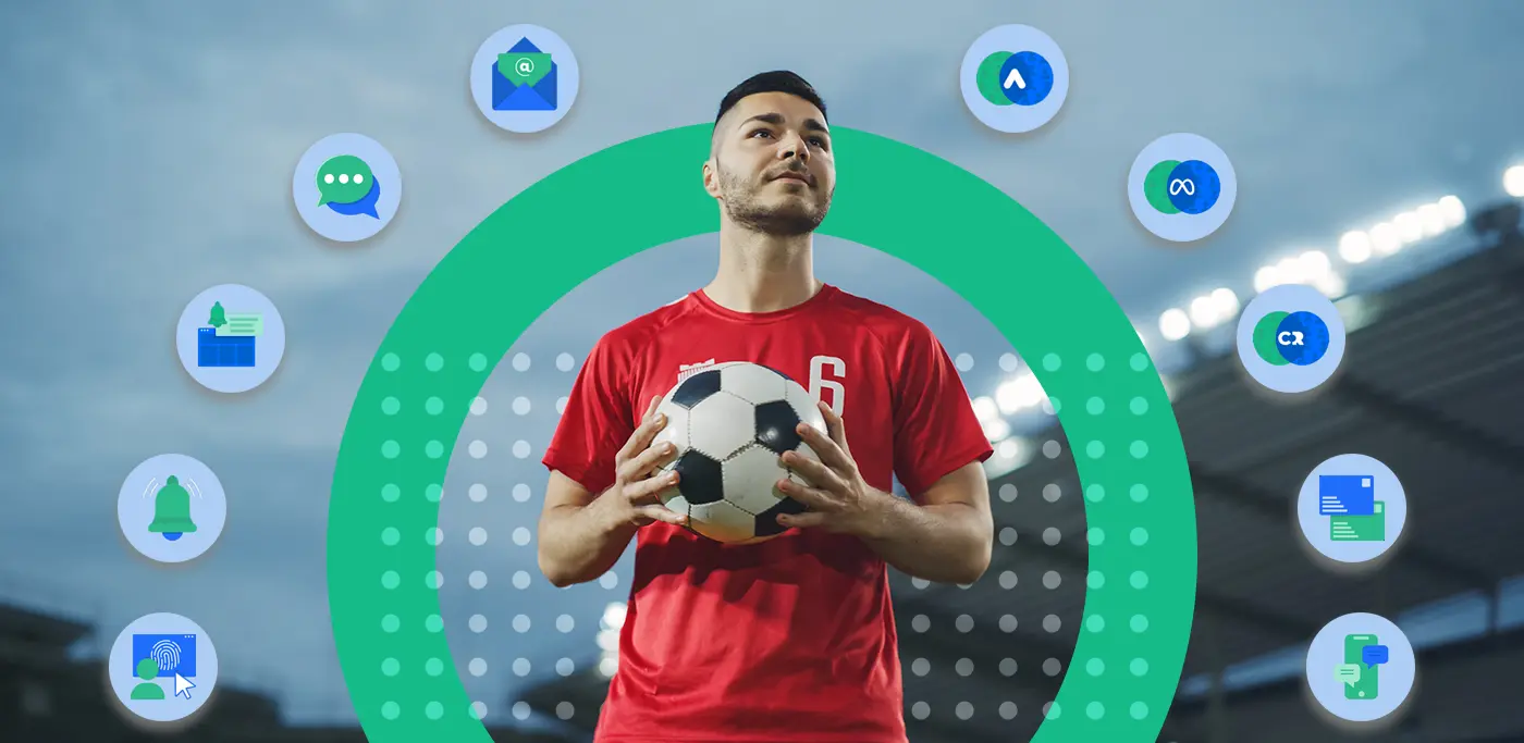 Football player holding ball in stadium surrounding by marketing channel icons