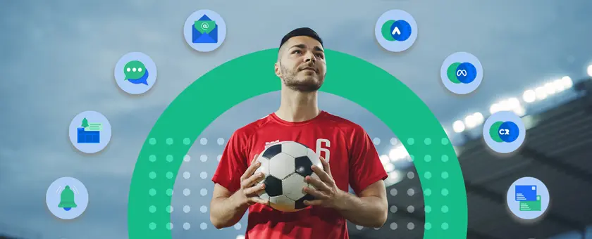 Football player holding ball in stadium surrounding by marketing channel icons